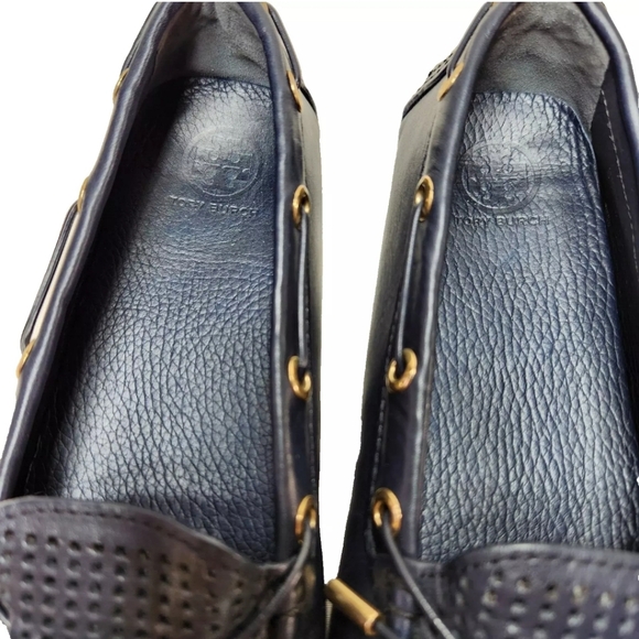 TORY BURCH Perforated Leather Driving Mocs Sz 8 Navy Blue Driver Boat Loafers - Picture 6 of 13
